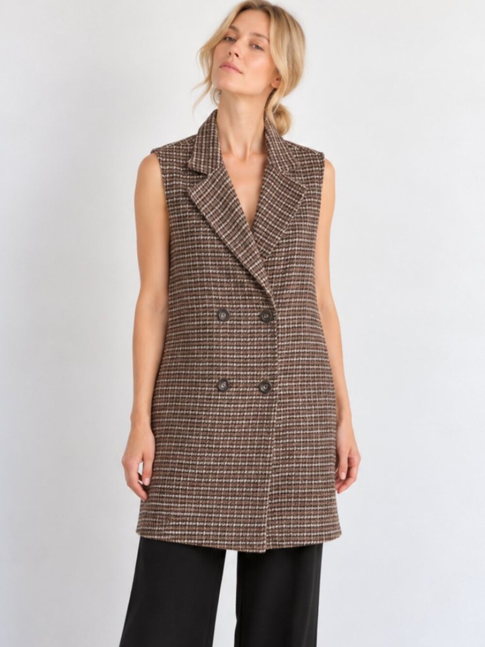 SHEIN Houndstooth Double Breasted Long Blazer Vest Brown XS
